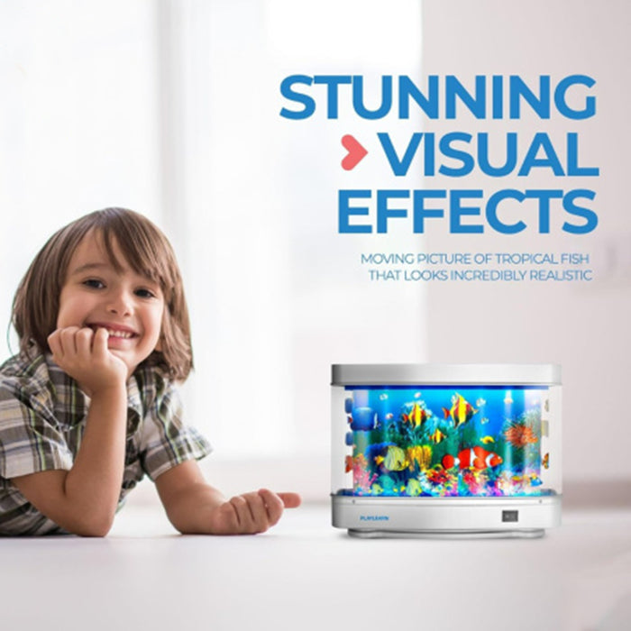 Child with a small aquarium displaying tropical fish, with text about stunning visual effects.
