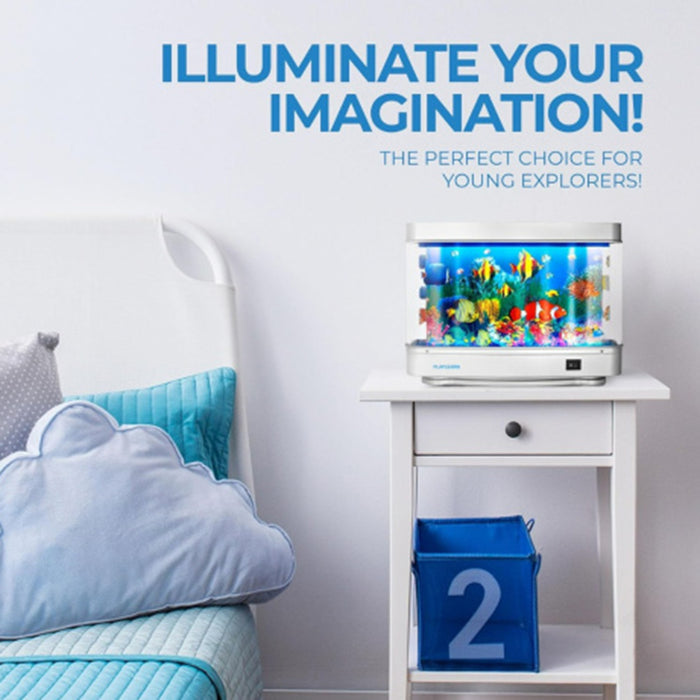 Children's room with a small aquarium on a nightstand, bed with blue bedding, and text 'Illuminate Your Imagination!'.