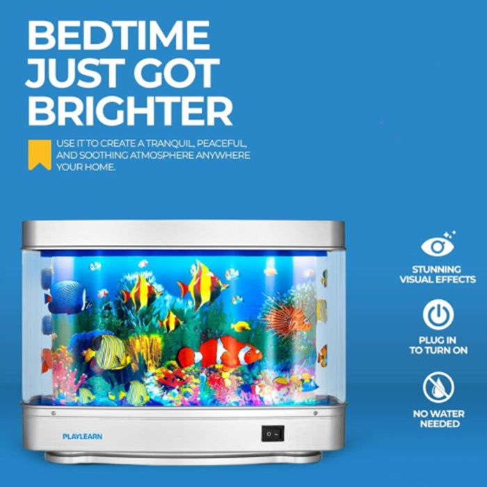 Fish tank with colorful fish on a blue background, featuring text about creating a tranquil atmosphere.
