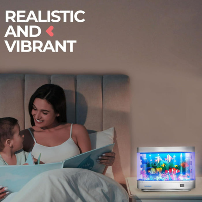 Woman and child reading in bed with a night light displaying an aquarium scene.