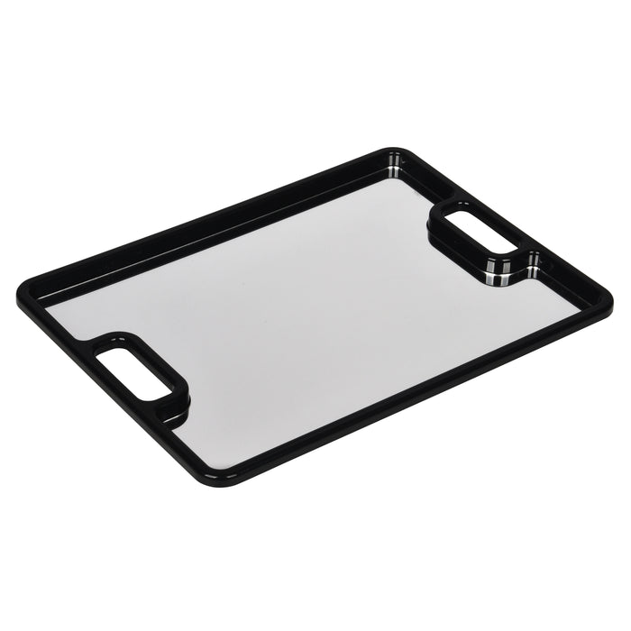 Black rectangular tray with handles on a white background