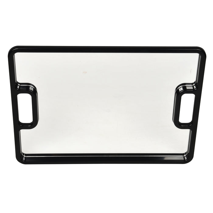 Rectangular glass tray with black metal handles on a white background