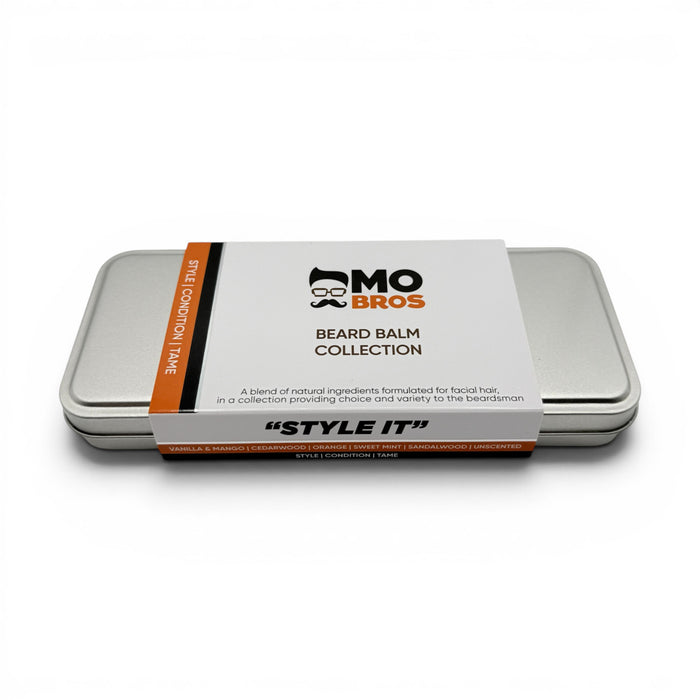 Closed Mo Bros Beard Care Balm Gift Set travel tin on a white background