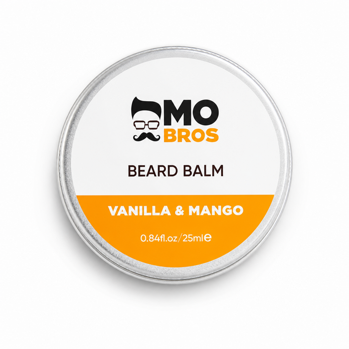 Mo Bros Vanilla & Mango Beard Balm 25ml tin on white background