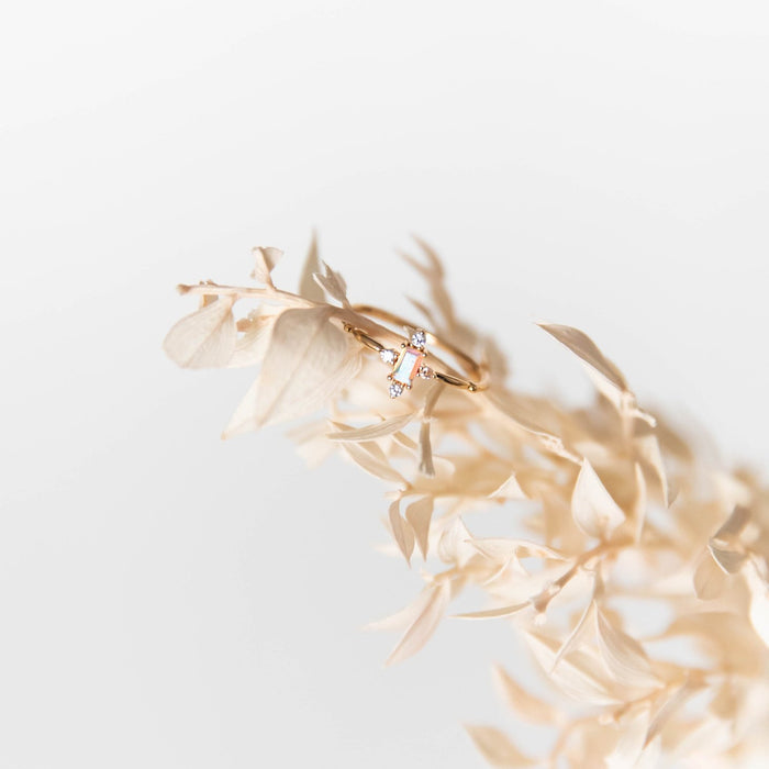 The LLUME Jewelry Moment Ring, crafted in 14k gold fill with a cross-shaped design and tiny gemstones, is displayed on a dried beige plant set against a soft, light backdrop.