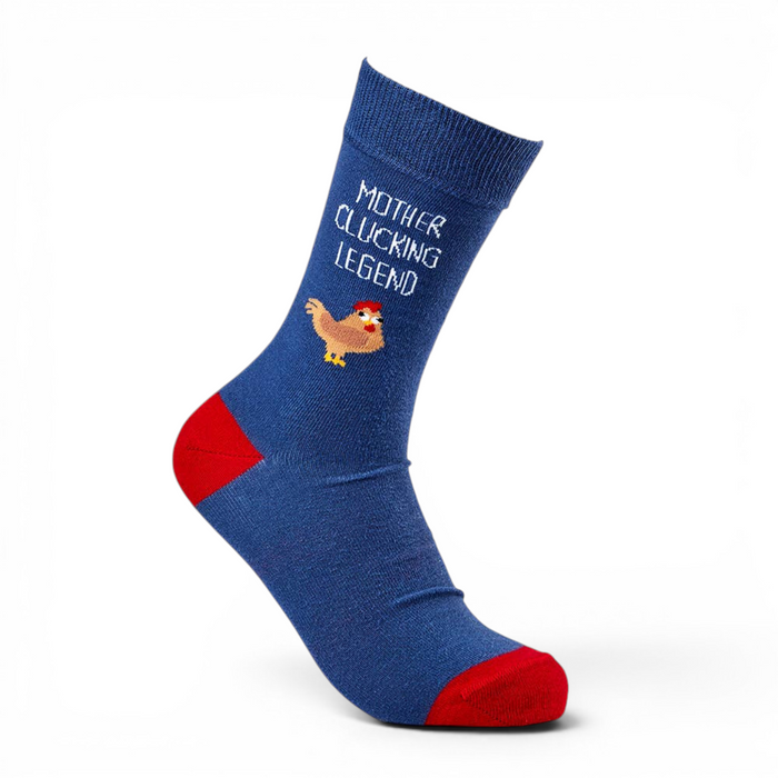 Mother Clucking Legend novelty socks blue front view with chicken design