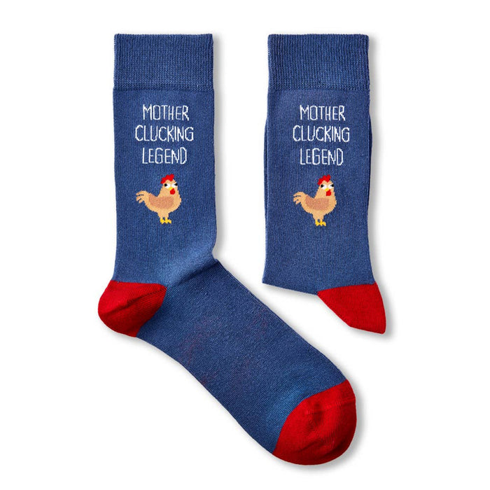 pair of Mother Clucking Legend novelty socks laid flat showing full design