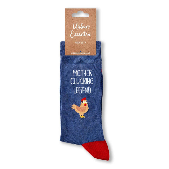 Mother Clucking Legend socks with retail tag visible