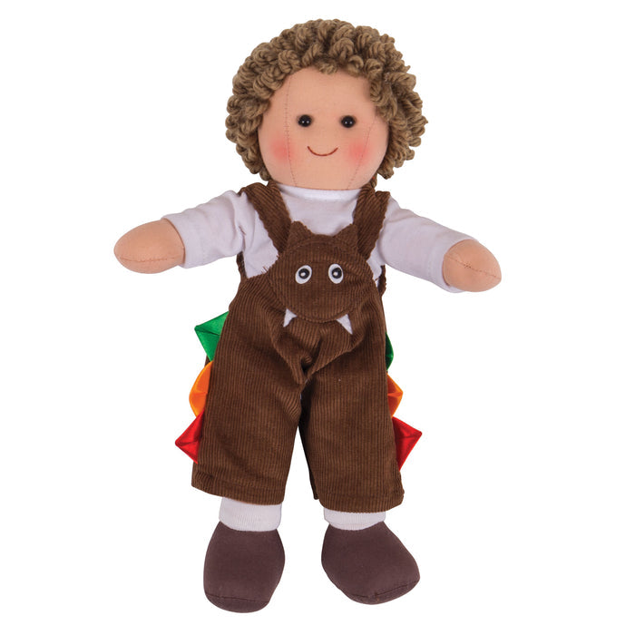 Plush toy with brown overalls and curly hair on a white background