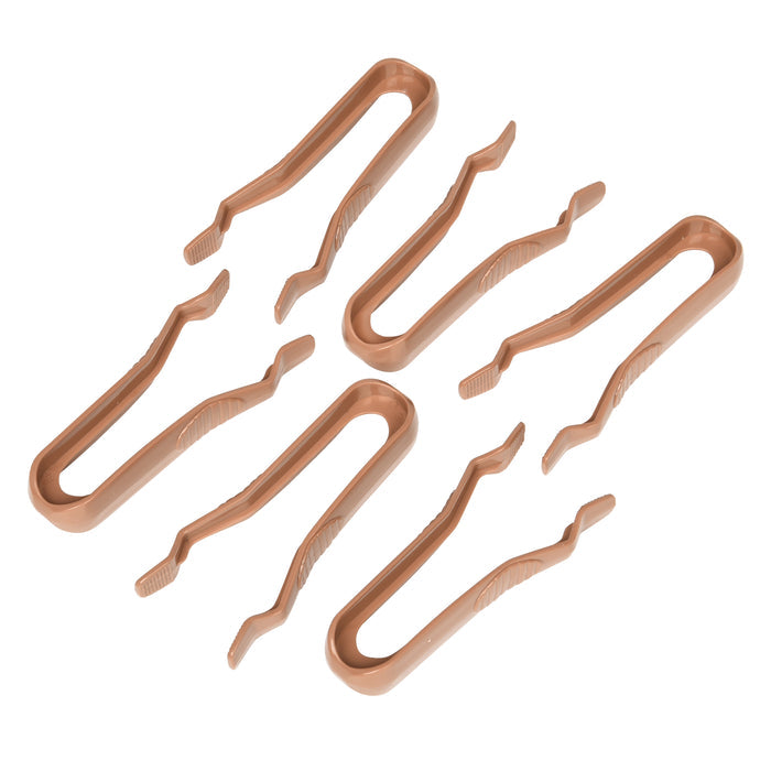 Set of six copper-colored tweezers on a white background