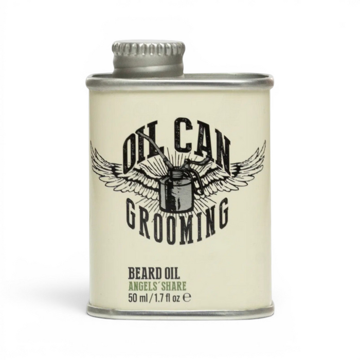 Oil Can Grooming Angels' Share Beard Oil 50ml in cream metal bottle