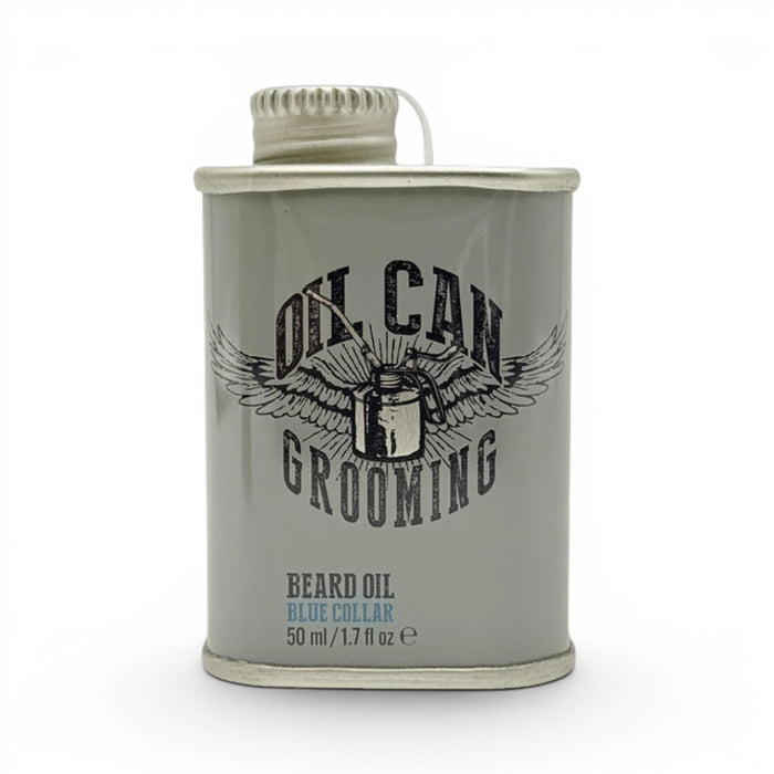 Blue Collar beard oil 50ml bottle with metal container on white background