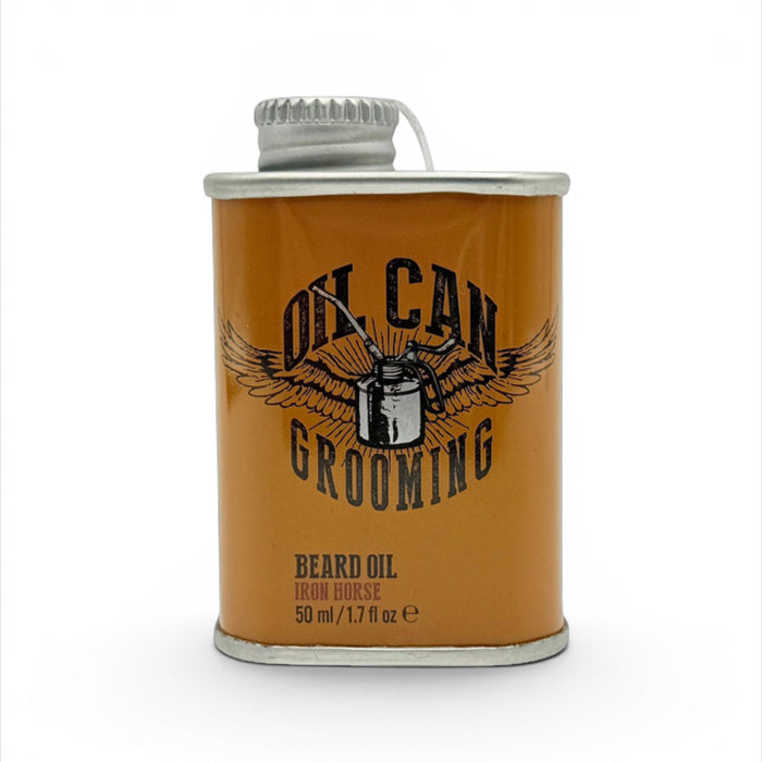 Iron Horse beard oil 50ml metal bottle on white background