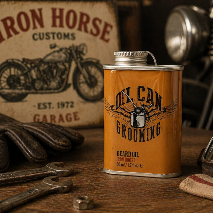 Iron Horse beard oil 50ml on wooden workbench with vintage motorcycle and tools