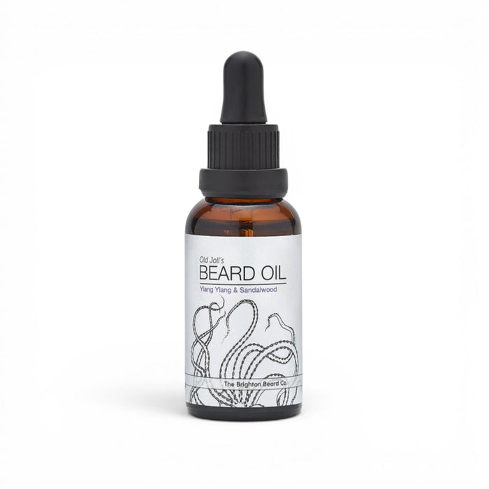 30ml ylang ylang sandalwood beard oil bottle with pipette lid on white background