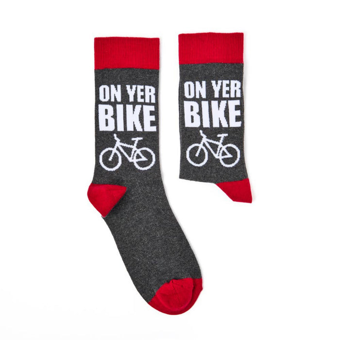 Pair of novelty socks showing on yer bike slogan and cycling graphic