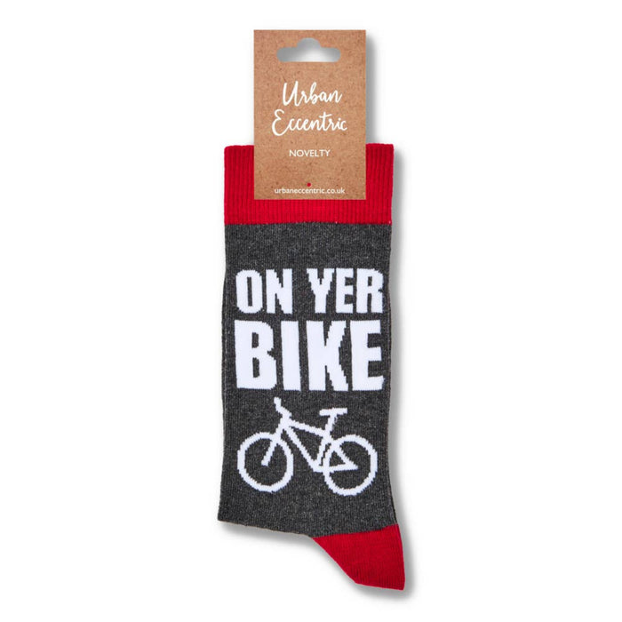 On yer bike novelty socks in retail packaging