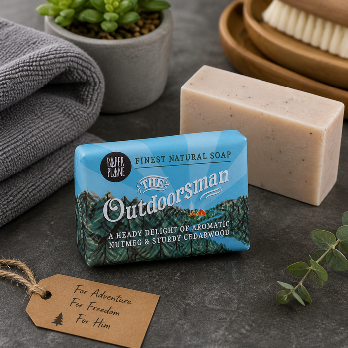 Paper Plane The Outdoorsman Soap with natural soap bar and towel on dark stone surface