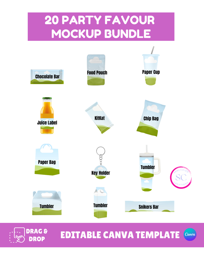 Party Favor Bundle – 10 Editable Templates + 20 Realistic Mockups