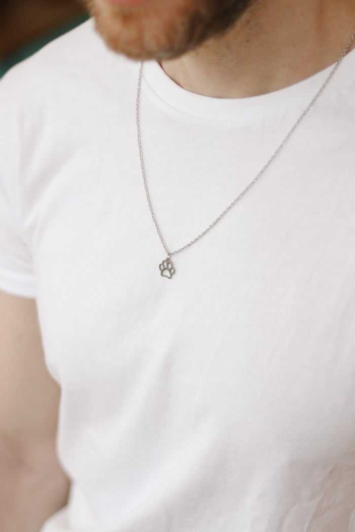 Paw necklace for men, silver chain, gift for him, waterproof pet necklace, animal lovers, festival jewelry