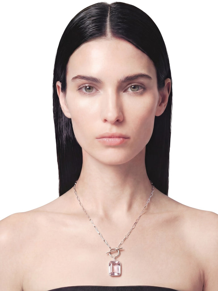 stem&stone sterling silver necklace with rectangular pink amethyst pendant and toggle clasp. 18-30 inch length.