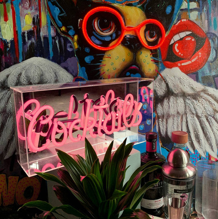 Pink Cocktails glass neon sign displayed in a colourful home bar and interior setting