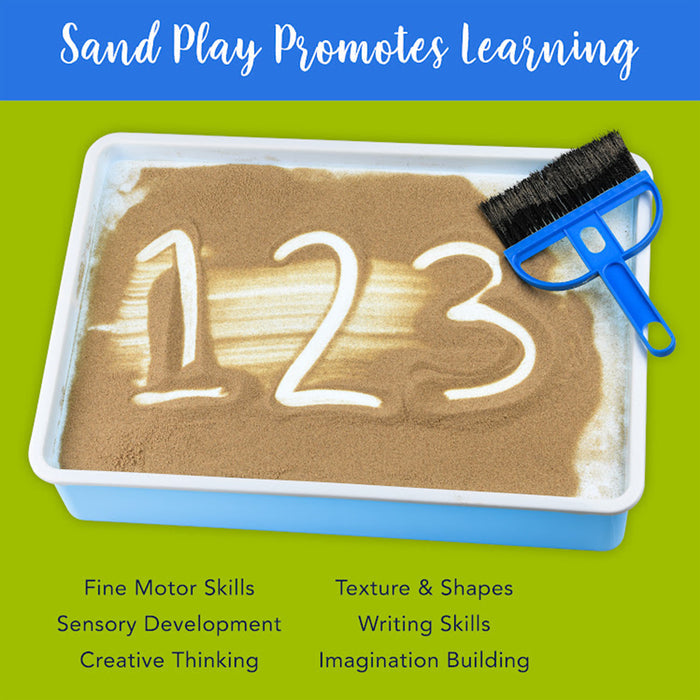 Sand tray with numbers '123' and a brush, set against a green background with text about sand play benefits.