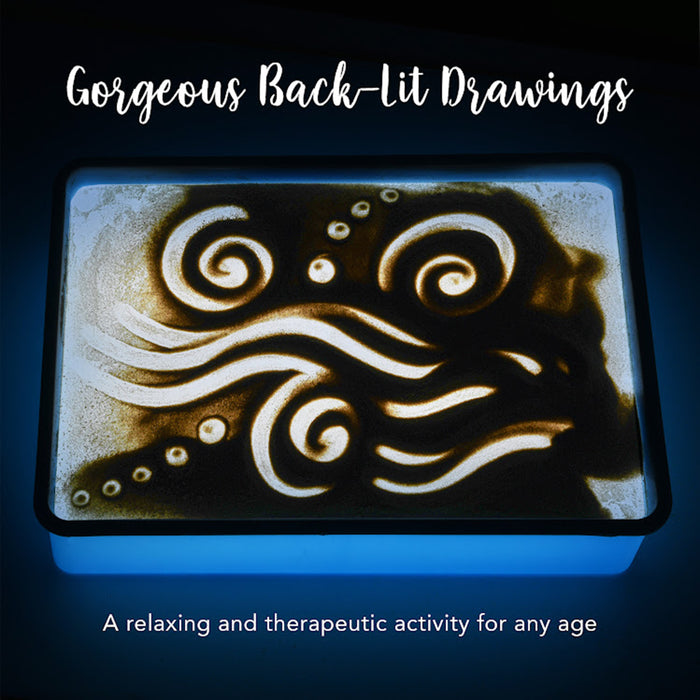 Backlit drawing of a wave design on a dark background with text about relaxing and therapeutic activities.