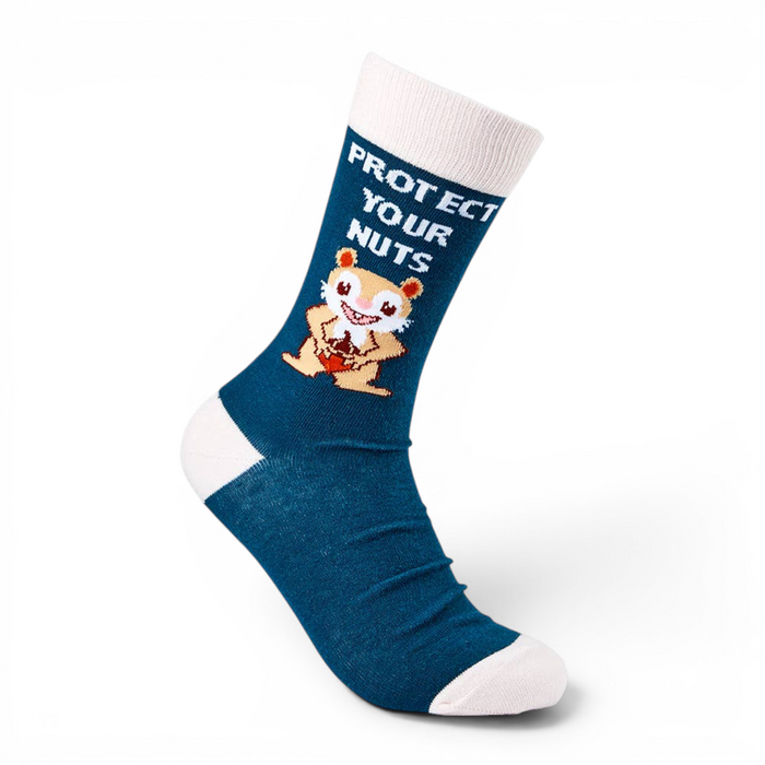 Protect Your Nuts novelty socks teal and white main view with squirrel design