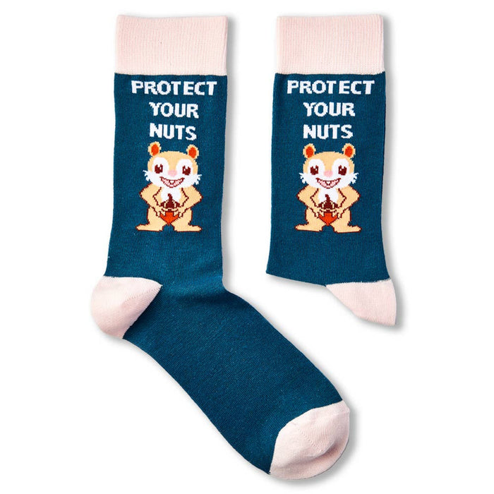 pair of Protect Your Nuts novelty socks laid flat showing full design