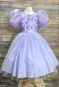 PUFF ORGANZA SLEEVE WITH SEQUIN AND FLOWER BODICE DRESS