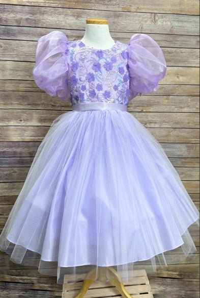 PUFF ORGANZA SLEEVE WITH SEQUIN AND FLOWER BODICE DRESS