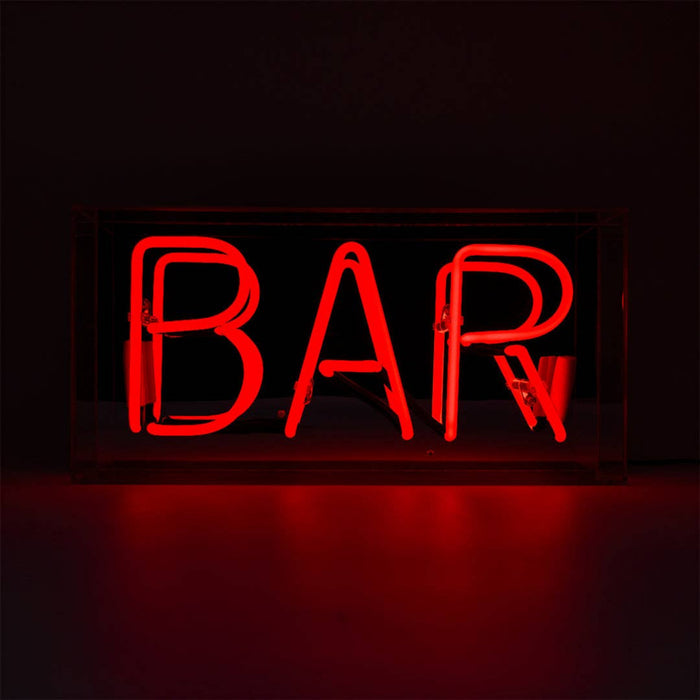 Red BAR glass neon sign glowing inside a clear acrylic display box