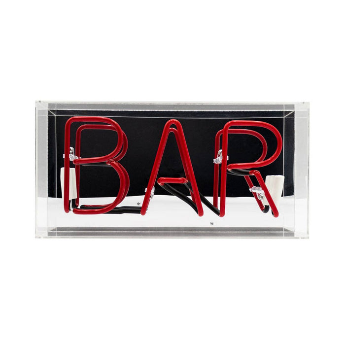 Red BAR glass neon sign inside clear acrylic box on white background