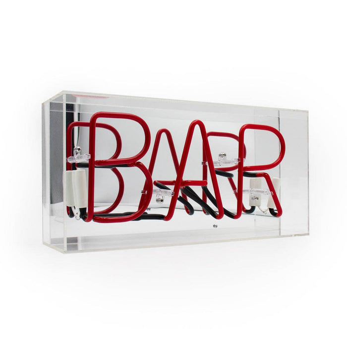 Angled view of red BAR glass neon sign in clear acrylic casing