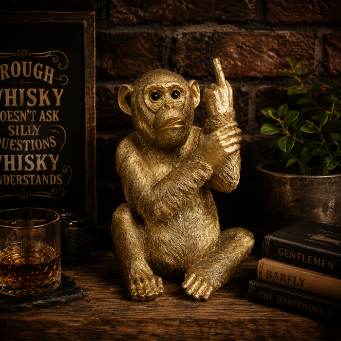 Gold resin monkey ornament with raised middle finger displayed in a moody home bar scene with whisky glass and rustic decor