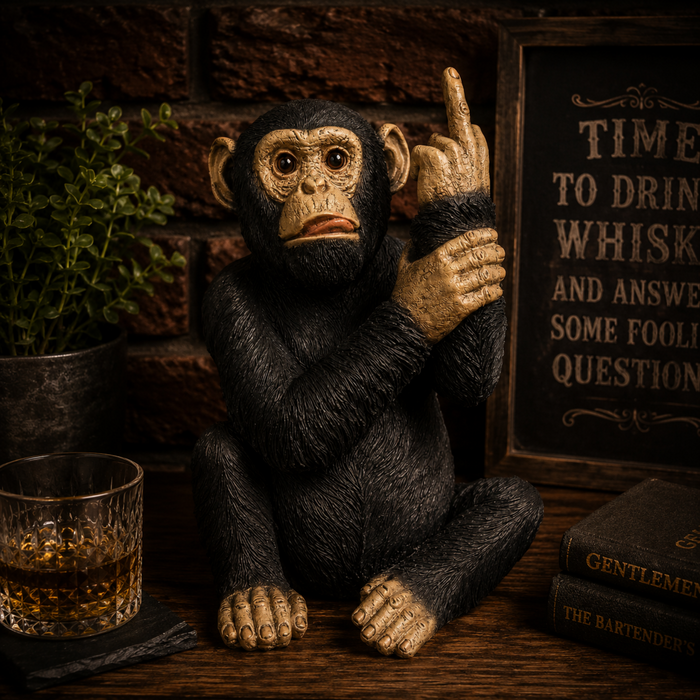 Black resin monkey ornament with raised middle finger styled in a warm rustic home bar interior