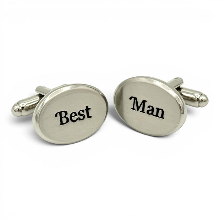Rhodium plated Best Man oval cufflinks with brushed silver tone finish
