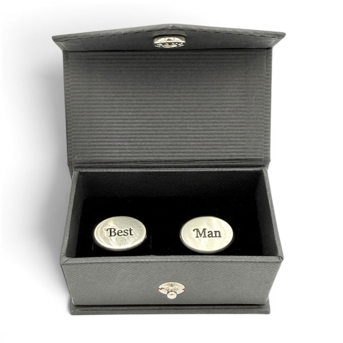 Best Man cufflinks displayed inside black presentation gift box