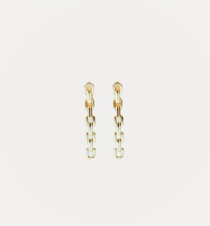 The Sadie Earrings by LLUME Jewelry feature 18k gold-plated and sterling silver chain links, shown vertically on a plain white background.