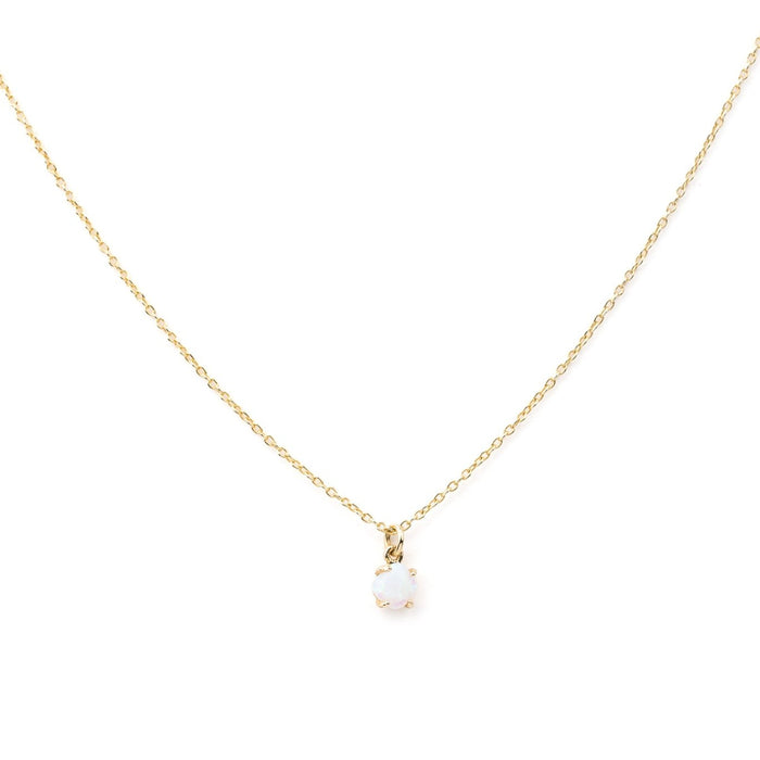 The LLUME Jewelry Sardinia Opal Necklace features a delicate gold vermeil chain with a small, round white opal pendant in a simple gold setting, displayed against a plain white background.