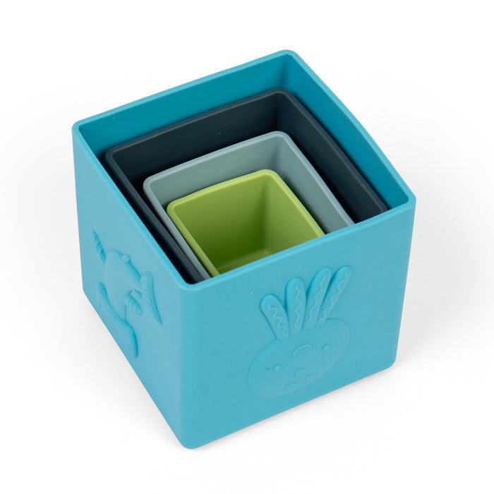 Set of three nested containers with blue, gray, and green colors on a white background