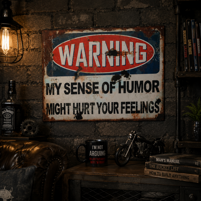 Warning My Sense Of Humour metal tin sign mounted on a dark industrial style man cave wall