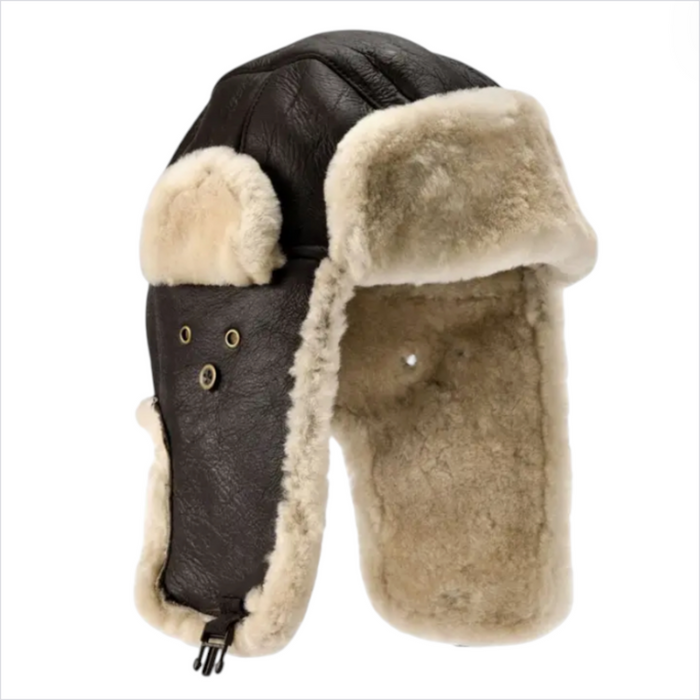 Dark brown sheepskin pilot hat with fleece lined ear flaps and classic aviator winter styling.