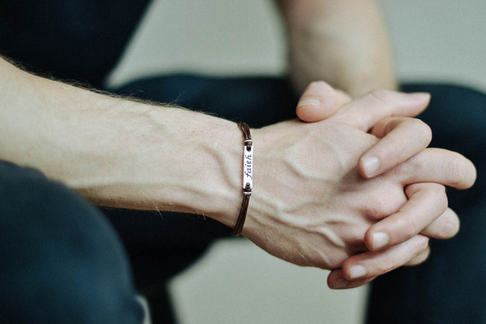 Silver Faith charm bracelet for men, brown cord, fathers day gift for him - shani-adi-jewerly