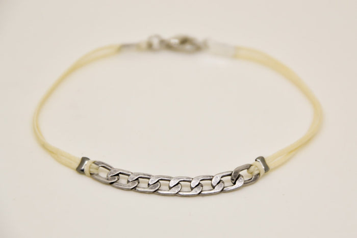 Silver flat link chain bracelet for men, beige cord - shani-adi-jewerly