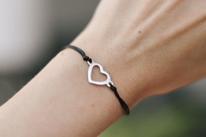 Silver heart bracelet, black cord, personalised jewelry, waterproof