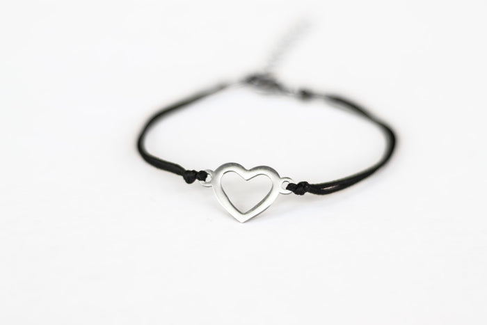 Silver heart bracelet, black cord, personalised jewelry, waterproof