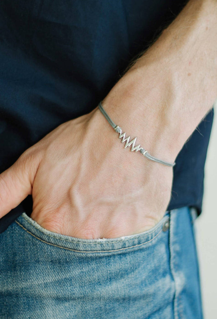 Silver heartbeat bracelet for men, gray cord, Valentine's day gift for him - shani-adi-jewerly