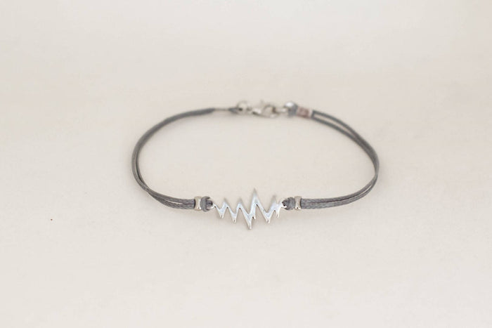 Silver heartbeat bracelet for men, gray cord, Valentine's day gift for him - shani-adi-jewerly
